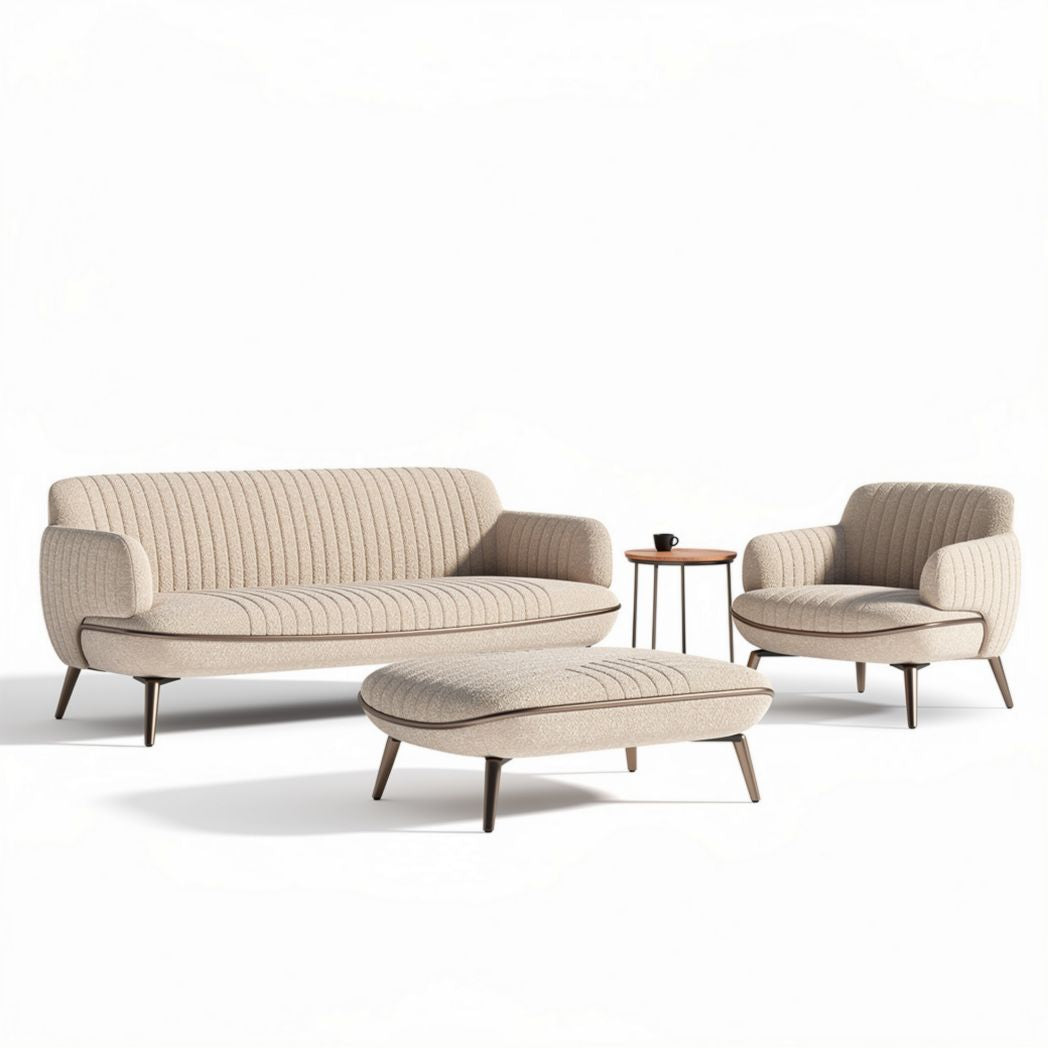 Beige fabric upholstery living room sofa set with coffee table and accent chair