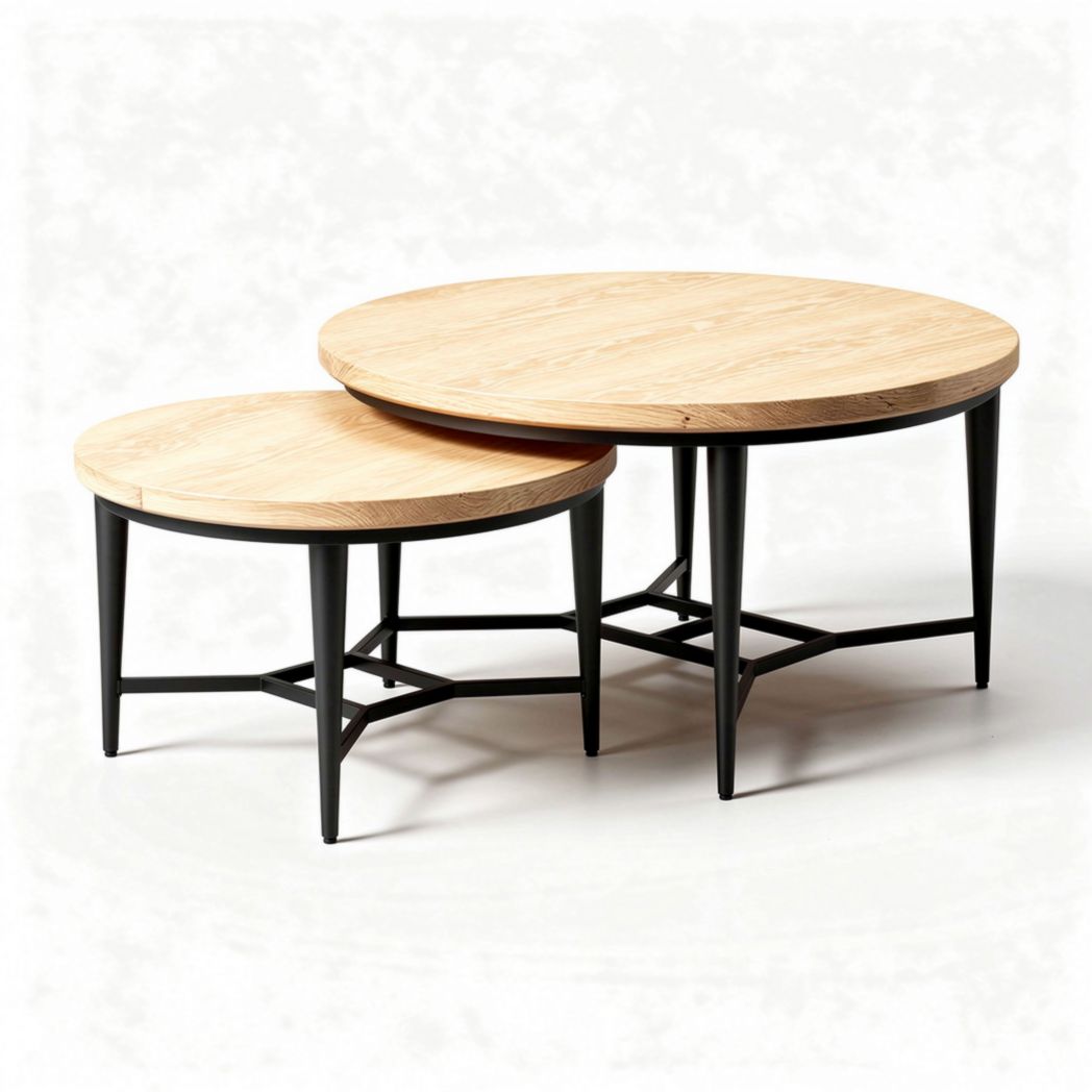 Nest of round coffee tables with oak top and black metal legs 60 x 60 x 45cm