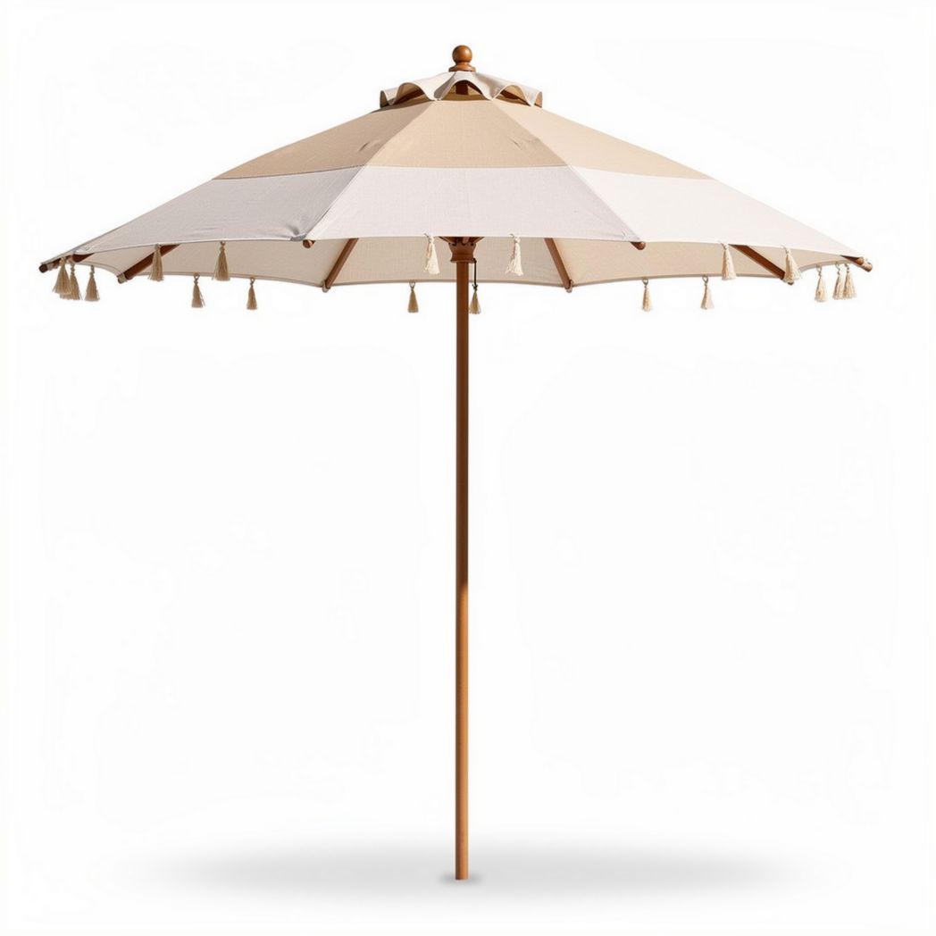 Outdoor patio umbrella with beige and white striped fabric 150 x 150 x 250cm