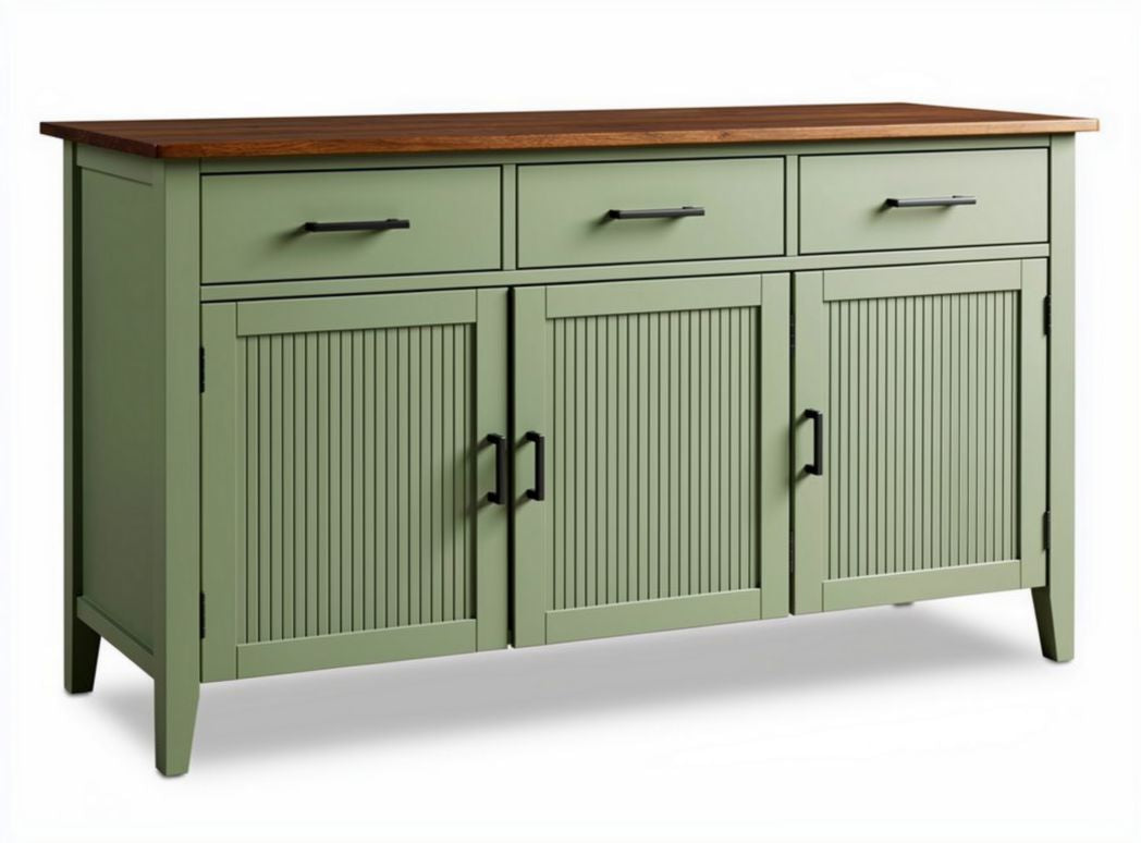 Green wood sideboard with three drawers and double door storage cabinet 150 x 45 x 80cm