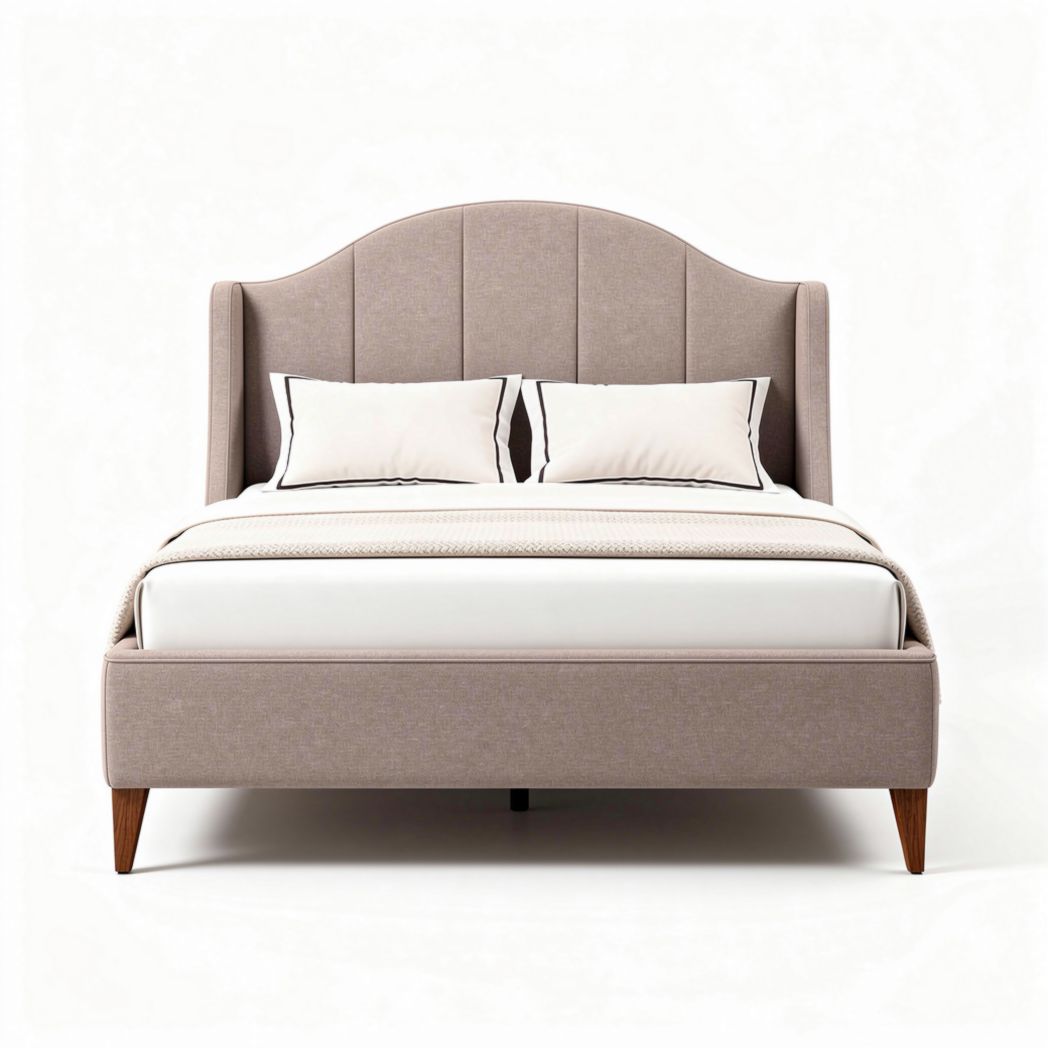 Upholstered king size bed with curved headboard and wooden legs in beige