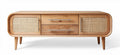 Natural wood media console with rattan doors and drawers 58 x 16 x 20 inches