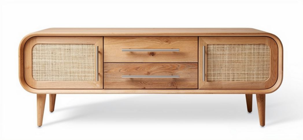 Natural wood media console with rattan doors and drawers 58 x 16 x 20 inches