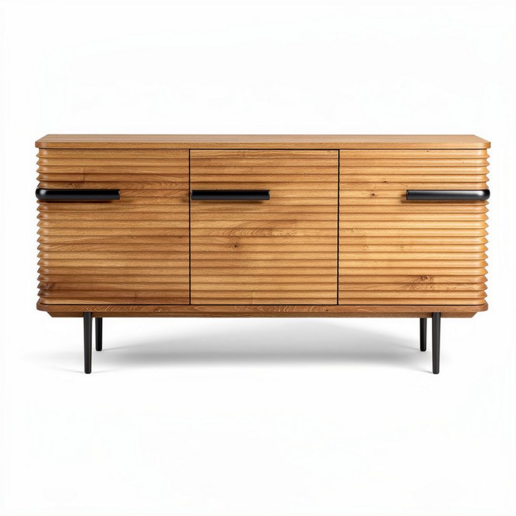 Wooden sideboard with ribbed design and black metal handles 150 x 45 x 75cm