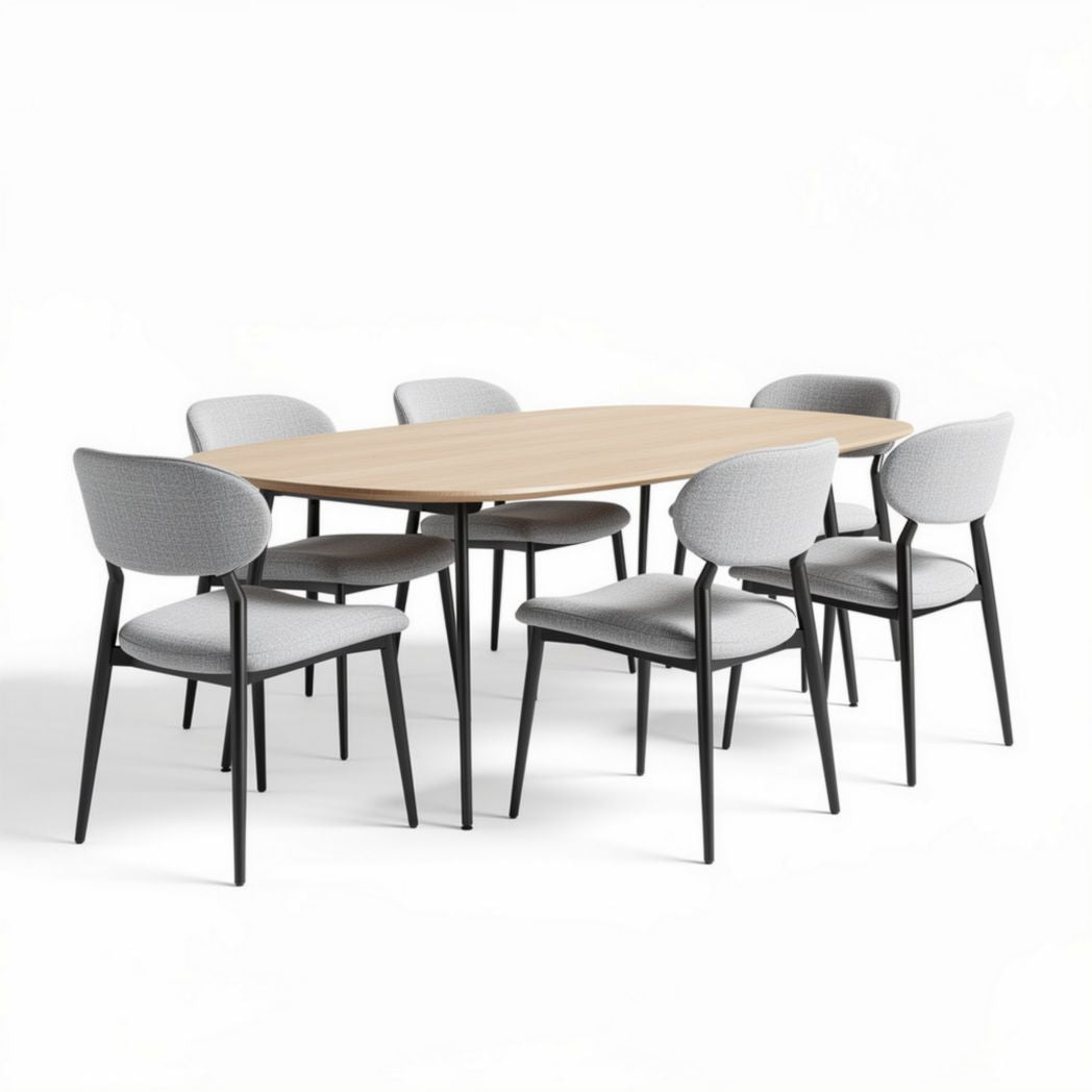 Dining table set with eight fabric upholstered chairs in gray 200 x 100 x 75cm
