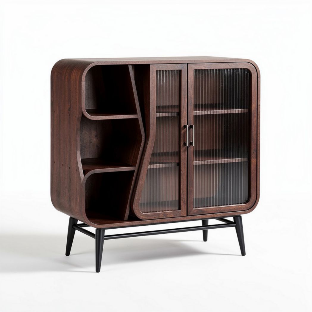 Wooden storage cabinet with glass doors and open shelving 70 x 35 x 85cm