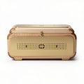Wooden bread box with ventilation holes and gold metal accents 30 x 20 x 15cm