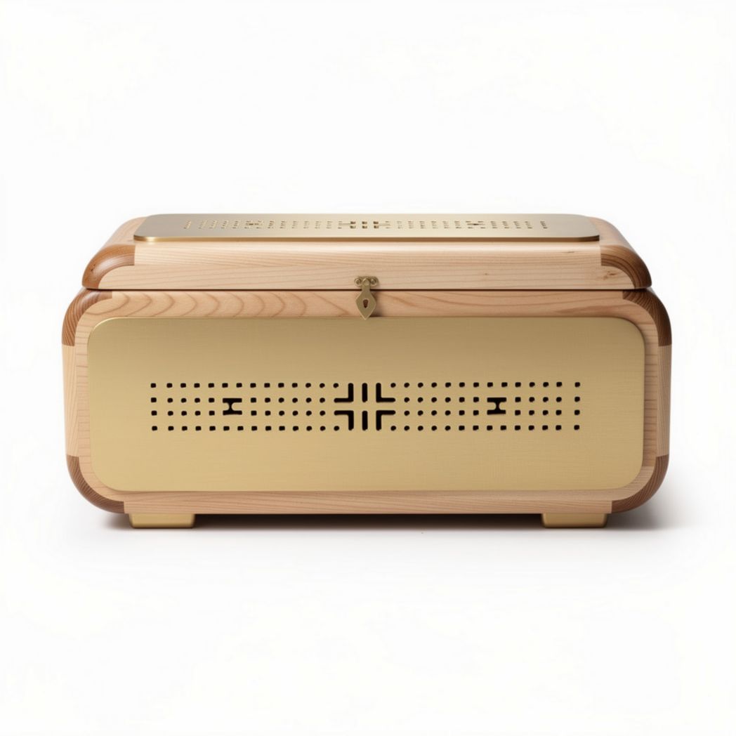 Wooden bread box with ventilation holes and gold metal accents 30 x 20 x 15cm